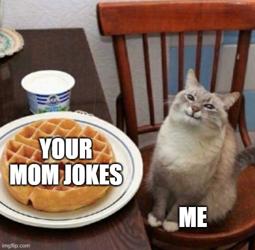Your mom jokes will never get old. | YOUR MOM JOKES; ME | image tagged in cat likes their waffle | made w/ Imgflip meme maker