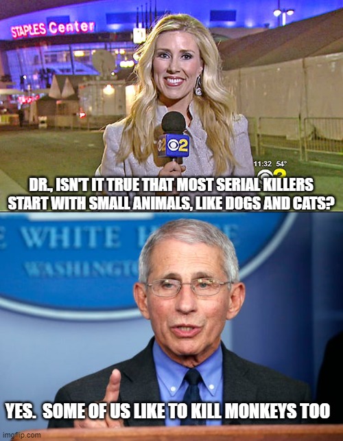 Killers do what Killers do | DR., ISN'T IT TRUE THAT MOST SERIAL KILLERS START WITH SMALL ANIMALS, LIKE DOGS AND CATS? YES.  SOME OF US LIKE TO KILL MONKEYS TOO | image tagged in dr fauci | made w/ Imgflip meme maker