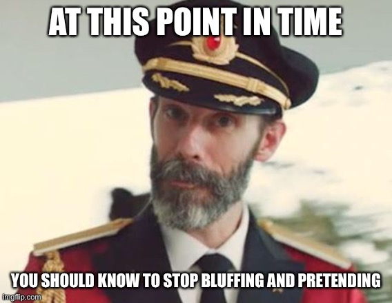 Captain Obvious | AT THIS POINT IN TIME; YOU SHOULD KNOW TO STOP BLUFFING AND PRETENDING | image tagged in captain obvious,it's not gonna happen,only making it worse | made w/ Imgflip meme maker