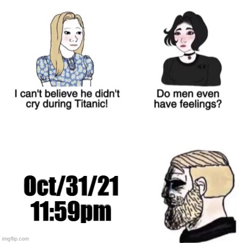 Oh no | Oct/31/21
11:59pm | image tagged in chad crying | made w/ Imgflip meme maker