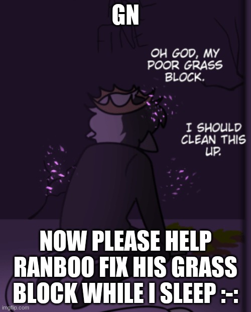 please :-: we don't want him to be sad :-: | GN; NOW PLEASE HELP RANBOO FIX HIS GRASS BLOCK WHILE I SLEEP :-: | image tagged in poor grass block | made w/ Imgflip meme maker