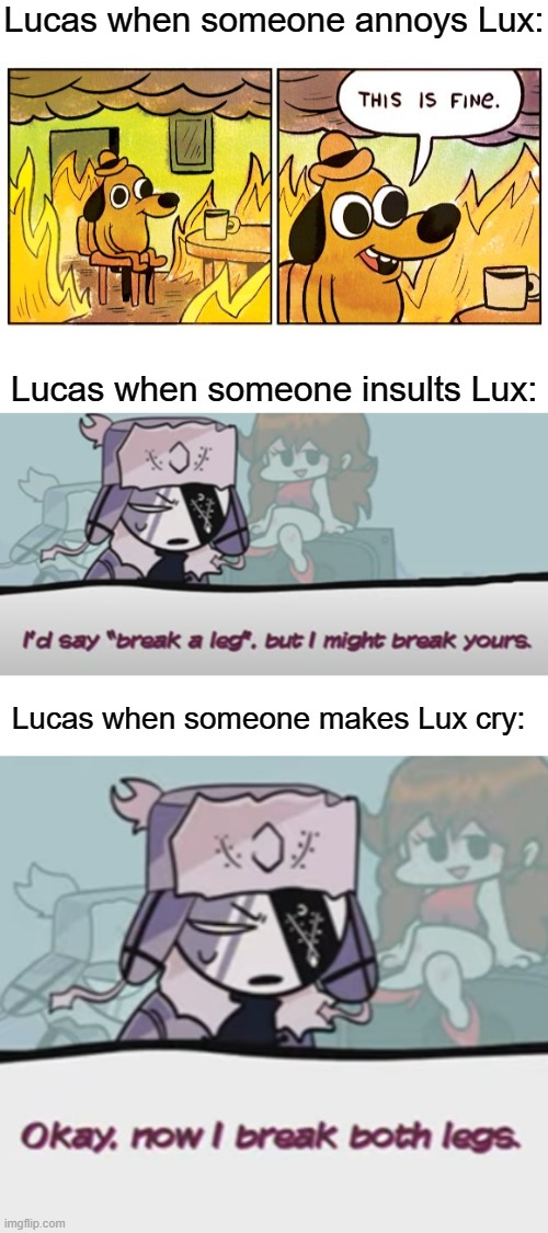 In a nutshell | Lucas when someone annoys Lux:; Lucas when someone insults Lux:; Lucas when someone makes Lux cry: | image tagged in memes,this is fine | made w/ Imgflip meme maker