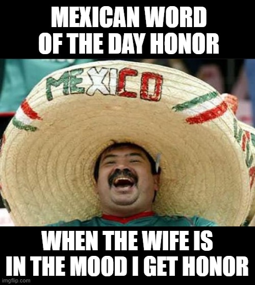 Honor |  MEXICAN WORD OF THE DAY HONOR; WHEN THE WIFE IS IN THE MOOD I GET HONOR | image tagged in mexican word of the day,funny,memes,funny memes | made w/ Imgflip meme maker