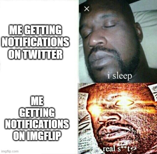 Sleeping Shaq (clean/edited/censored, etc) | ME GETTING NOTIFICATIONS ON TWITTER; ME GETTING NOTIFICATIONS ON IMGFLIP | image tagged in sleeping shaq clean/edited/censored etc | made w/ Imgflip meme maker