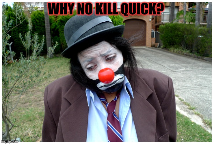 Sad clown  | WHY NO KILL QUICK? | image tagged in sad clown | made w/ Imgflip meme maker