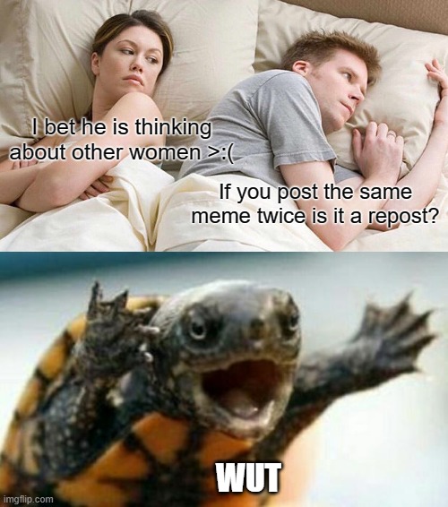 wut | I bet he is thinking about other women >:(; If you post the same meme twice is it a repost? WUT | image tagged in memes,i bet he's thinking about other women,turtle say what | made w/ Imgflip meme maker