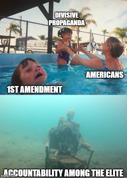 Divide and Conquer | DIVISIVE PROPAGANDA; AMERICANS; 1ST AMENDMENT; ACCOUNTABILITY AMONG THE ELITE | image tagged in swimming pool kids,politics,liberals,conservative | made w/ Imgflip meme maker