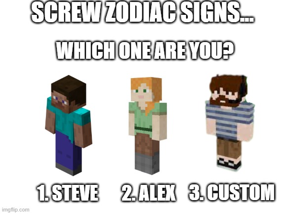 Which Skin | SCREW ZODIAC SIGNS... WHICH ONE ARE YOU? 1. STEVE; 2. ALEX; 3. CUSTOM | image tagged in blank white template,memes,zodiac,zodiac signes,screw zodiac signs,minecraft | made w/ Imgflip meme maker