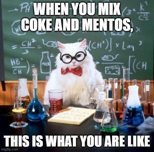 Chemistry Cat Meme | WHEN YOU MIX COKE AND MENTOS, THIS IS WHAT YOU ARE LIKE | image tagged in memes,chemistry cat | made w/ Imgflip meme maker
