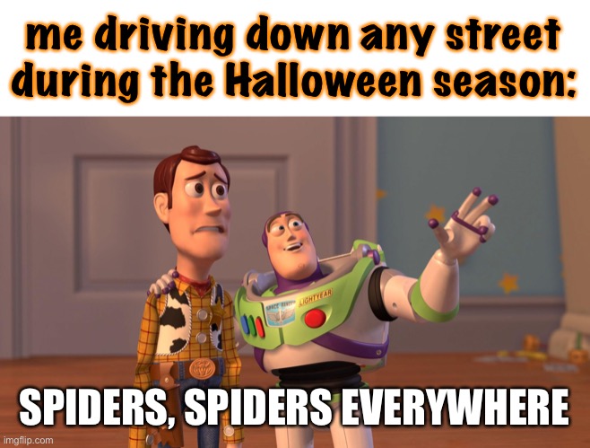that’s ppl’s favorite animal for decoration, besides dead bodies of other animals |  me driving down any street during the Halloween season:; SPIDERS, SPIDERS EVERYWHERE | image tagged in woody and buzz lightyear everywhere widescreen,spiders,halloween,so true memes | made w/ Imgflip meme maker
