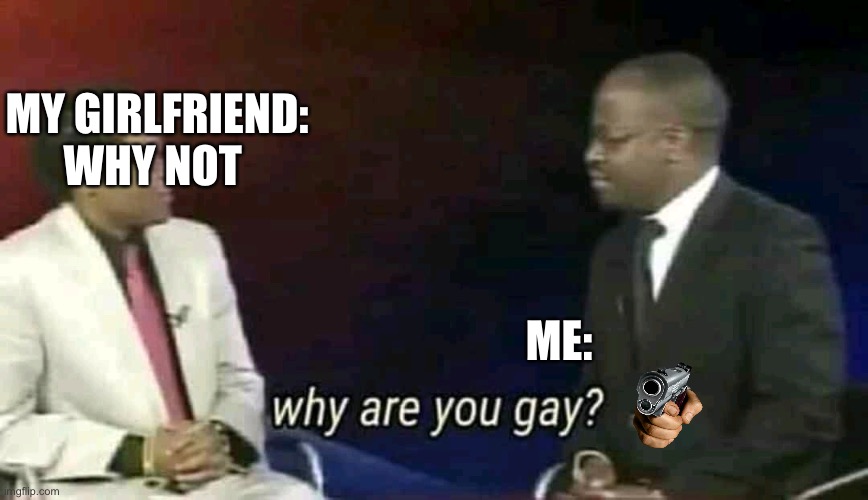 Why are you gay? | MY GIRLFRIEND: WHY NOT; ME: | image tagged in why are you gay | made w/ Imgflip meme maker