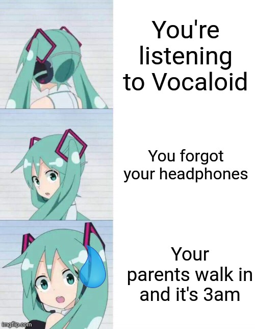 Hatsune Miku reaction meme | You're listening to Vocaloid; You forgot your headphones; Your parents walk in and it's 3am | image tagged in hatsune miku reaction meme | made w/ Imgflip meme maker