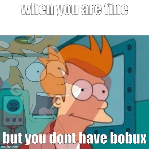when no robux sus | when you are fine; but you dont have bobux | image tagged in fry | made w/ Imgflip meme maker