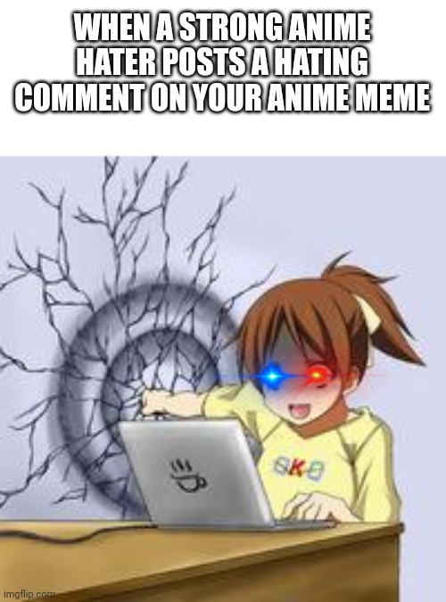 Anime wall punch | WHEN A STRONG ANIME HATER POSTS A HATING COMMENT ON YOUR ANIME MEME | image tagged in anime wall punch | made w/ Imgflip meme maker