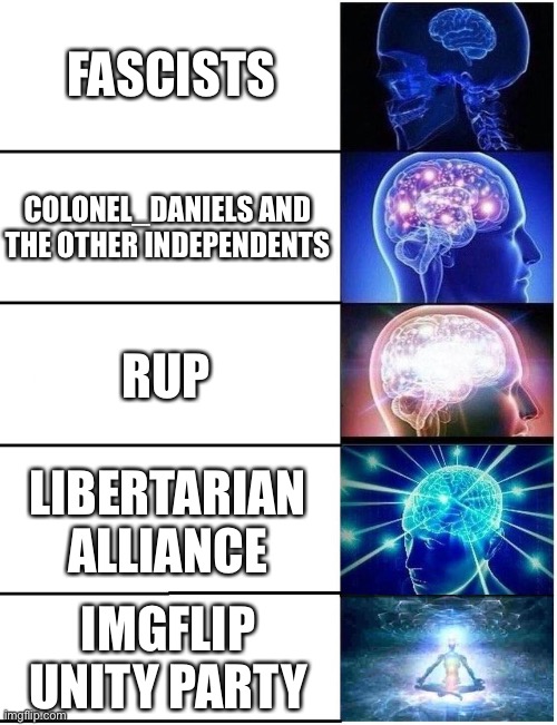 Make the Right Choice! | FASCISTS; COLONEL_DANIELS AND THE OTHER INDEPENDENTS; RUP; LIBERTARIAN ALLIANCE; IMGFLIP UNITY PARTY | image tagged in expanding brain 5 panel | made w/ Imgflip meme maker