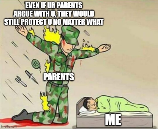 this is true | EVEN IF UR PARENTS ARGUE WITH U, THEY WOULD STILL PROTECT U NO MATTER WHAT; PARENTS; ME | image tagged in parents,soldier protecting sleeping child,sad | made w/ Imgflip meme maker