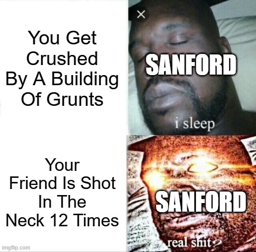 Sleeping Shaq | You Get Crushed By A Building Of Grunts; SANFORD; Your Friend Is Shot In The Neck 12 Times; SANFORD | image tagged in memes,sleeping shaq | made w/ Imgflip meme maker