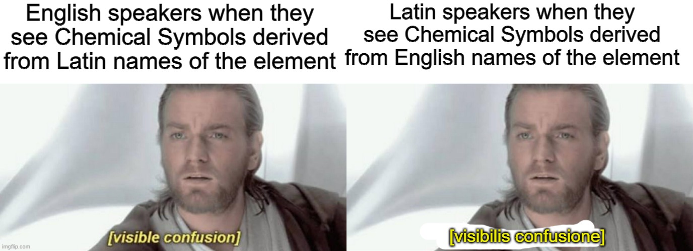 The periodic table is a mess | English speakers when they see Chemical Symbols derived from Latin names of the element; Latin speakers when they see Chemical Symbols derived from English names of the element; [visibilis confusione] | image tagged in visible confusion | made w/ Imgflip meme maker