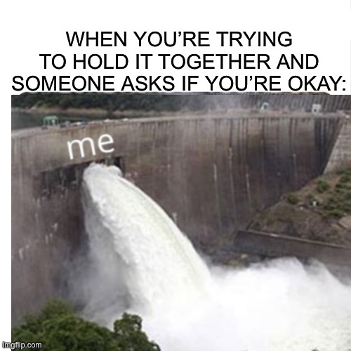 Ever happened to you? ;) |  WHEN YOU’RE TRYING TO HOLD IT TOGETHER AND SOMEONE ASKS IF YOU’RE OKAY: | image tagged in memes,funny,dam,emotions,lmao,water | made w/ Imgflip meme maker