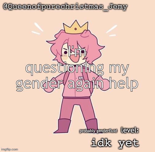 Idk | I'm questioning my gender again help; probably genderfluid; idk yet | image tagged in jemy temp 26 | made w/ Imgflip meme maker