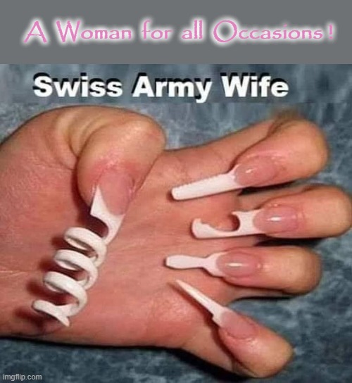 All Occasions Woman |  A  Woman  for  all  Occasions ! | image tagged in overly attached girlfriend knife | made w/ Imgflip meme maker