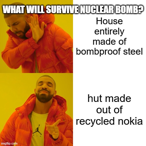 Drake Hotline Bling Meme | WHAT WILL SURVIVE NUCLEAR BOMB? House entirely made of bombproof steel; hut made out of recycled nokia | image tagged in memes,drake hotline bling | made w/ Imgflip meme maker