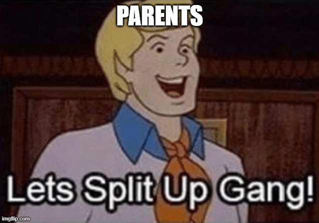 Let’s split up hang! | PARENTS | image tagged in let s split up hang | made w/ Imgflip meme maker