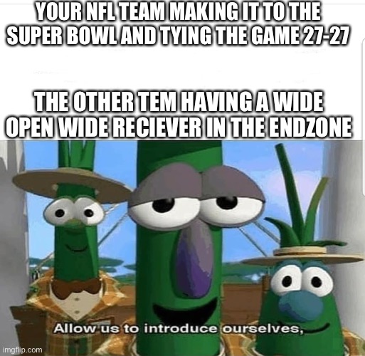 Allow us to introduce ourselves | YOUR NFL TEAM MAKING IT TO THE SUPER BOWL AND TYING THE GAME 27-27; THE OTHER TEM HAVING A WIDE OPEN WIDE RECIEVER IN THE ENDZONE | image tagged in allow us to introduce ourselves | made w/ Imgflip meme maker