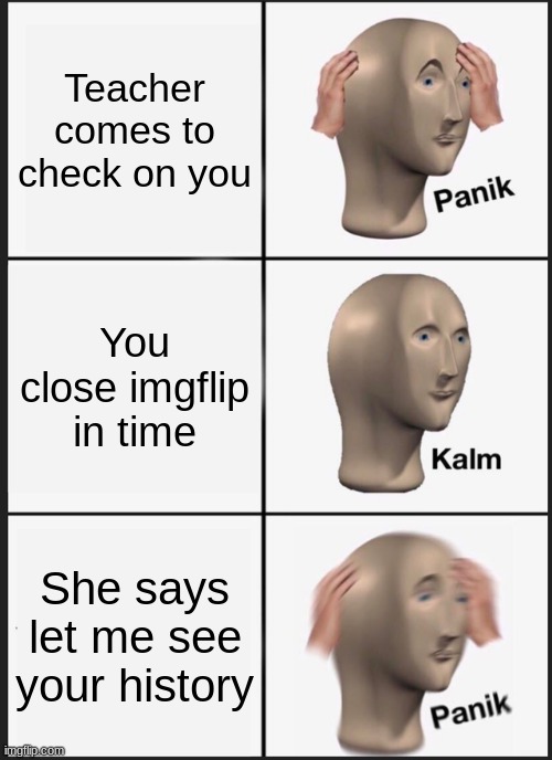 Worth it | Teacher comes to check on you; You close imgflip in time; She says let me see your history | image tagged in memes,panik kalm panik | made w/ Imgflip meme maker