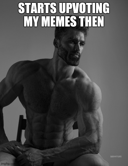 Giga Chad | STARTS UPVOTING MY MEMES THEN | image tagged in giga chad | made w/ Imgflip meme maker
