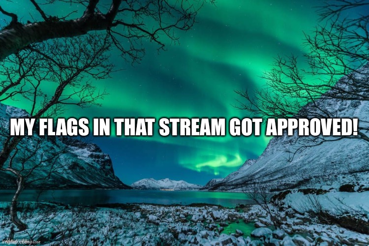 Northern Lights Announcement | MY FLAGS IN THAT STREAM GOT APPROVED! | image tagged in northern lights announcement | made w/ Imgflip meme maker