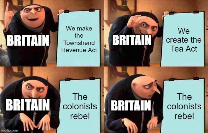 Boston Tea Party | We make the Townshend Revenue Act; We create the Tea Act; BRITAIN; BRITAIN; The colonists rebel; The colonists rebel; BRITAIN; BRITAIN | image tagged in memes,gru's plan | made w/ Imgflip meme maker