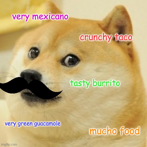 Méxicanos | very mexicano; crunchy taco; tasty burrito; very green guacamole; mucho food | image tagged in memes,doge | made w/ Imgflip meme maker