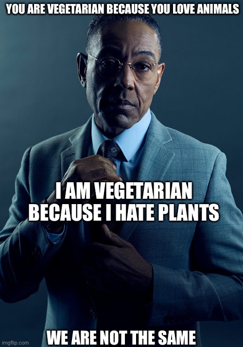 I’m not vegetarian | YOU ARE VEGETARIAN BECAUSE YOU LOVE ANIMALS; I AM VEGETARIAN BECAUSE I HATE PLANTS; WE ARE NOT THE SAME | image tagged in gus fring we are not the same | made w/ Imgflip meme maker