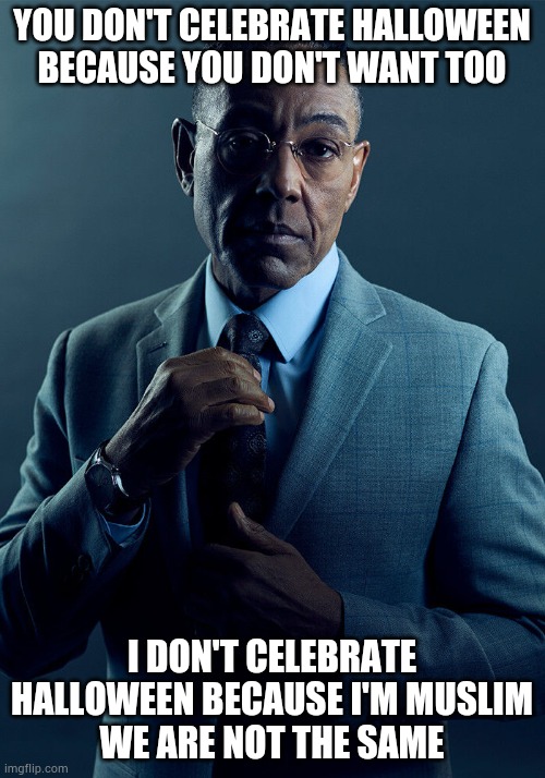 Gus Fring we are not the same | YOU DON'T CELEBRATE HALLOWEEN BECAUSE YOU DON'T WANT TOO; I DON'T CELEBRATE HALLOWEEN BECAUSE I'M MUSLIM
WE ARE NOT THE SAME | image tagged in gus fring we are not the same | made w/ Imgflip meme maker