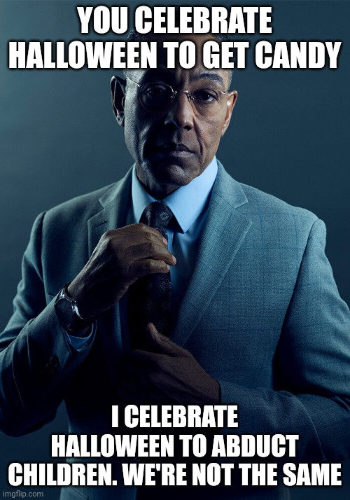 Guys in white vans be like: | YOU CELEBRATE HALLOWEEN TO GET CANDY; I CELEBRATE HALLOWEEN TO ABDUCT CHILDREN. WE'RE NOT THE SAME | image tagged in gus fring we are not the same | made w/ Imgflip meme maker