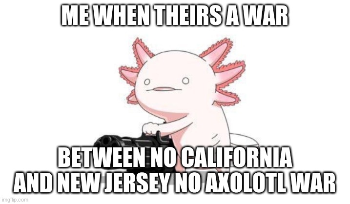 Axolotl gun | ME WHEN THEIRS A WAR; BETWEEN NO CALIFORNIA AND NEW JERSEY NO AXOLOTL WAR | image tagged in axolotl gun | made w/ Imgflip meme maker
