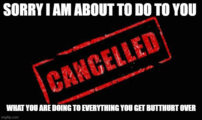 butthurt button pass it on | SORRY I AM ABOUT TO DO TO YOU; WHAT YOU ARE DOING TO EVERYTHING YOU GET BUTTHURT OVER | image tagged in cancelled | made w/ Imgflip meme maker