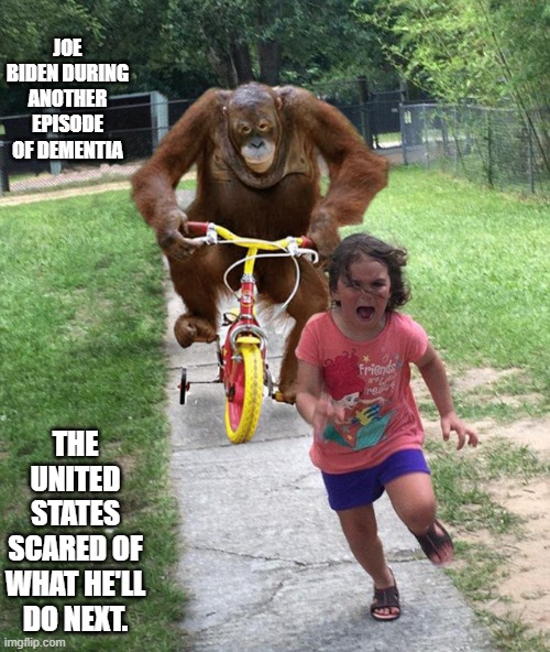 Orangutan chasing girl on a tricycle | JOE BIDEN DURING ANOTHER EPISODE OF DEMENTIA; THE UNITED STATES SCARED OF WHAT HE'LL DO NEXT. | image tagged in orangutan chasing girl on a tricycle | made w/ Imgflip meme maker