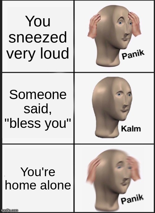 Panik Kalm Panik Meme | You sneezed very loud; Someone said, "bless you"; You're home alone | image tagged in memes,panik kalm panik,sneezing | made w/ Imgflip meme maker