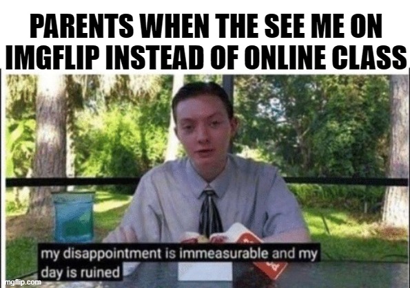 No excuses, no more memes for you, youngman! | PARENTS WHEN THE SEE ME ON IMGFLIP INSTEAD OF ONLINE CLASS | image tagged in my dissapointment is immeasurable and my day is ruined,memes,funny,parent,parents,dissapointed | made w/ Imgflip meme maker