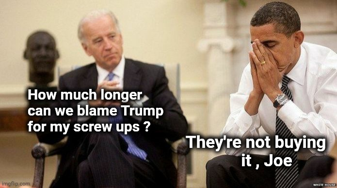 Forever and ever | How much longer
    can we blame Trump
    for my screw ups ? They're not buying 
it , Joe | image tagged in joe biden and obama facepalm,hypocrisy,politicians suck,this is fine,nothing to see here | made w/ Imgflip meme maker