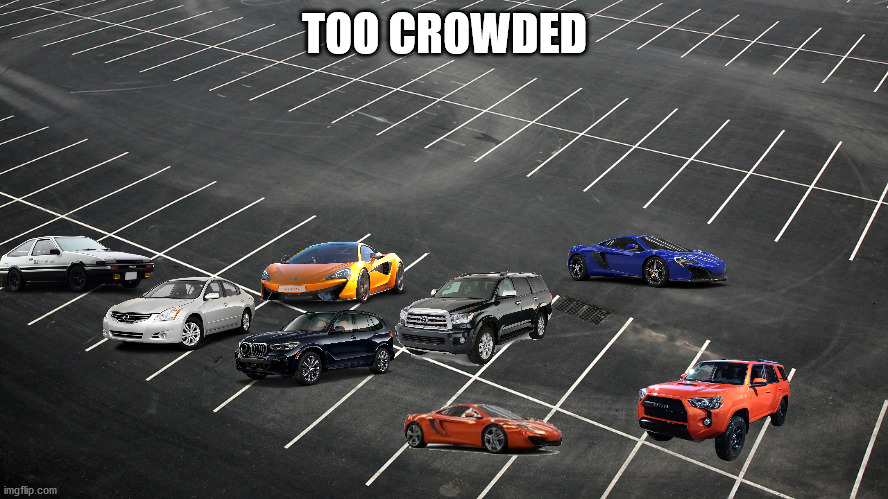 empty parking lot | TOO CROWDED | image tagged in empty parking lot | made w/ Imgflip meme maker