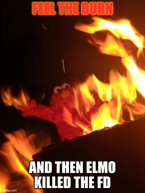 Elmo Saw too much | FEEL THE BURN; AND THEN ELMO KILLED THE FD | image tagged in elmo saw too much | made w/ Imgflip meme maker