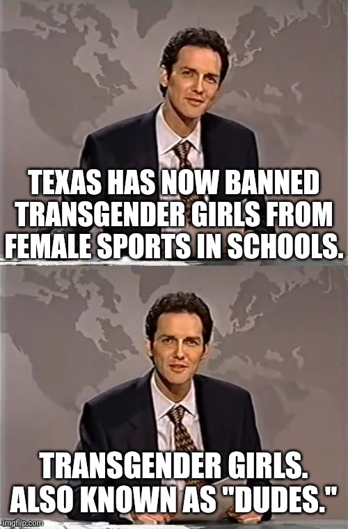 sports equipment | TEXAS HAS NOW BANNED TRANSGENDER GIRLS FROM FEMALE SPORTS IN SCHOOLS. TRANSGENDER GIRLS.
ALSO KNOWN AS "DUDES." | image tagged in weekend update with norm | made w/ Imgflip meme maker