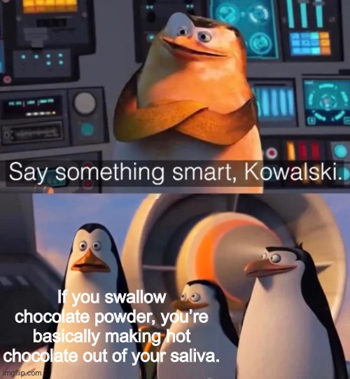 Why are you booing me im right | If you swallow chocolate powder, you’re basically making hot chocolate out of your saliva. | image tagged in say something smart kowalski,chocolate,choccy milk,funny,memes,why are you booing me i'm right | made w/ Imgflip meme maker