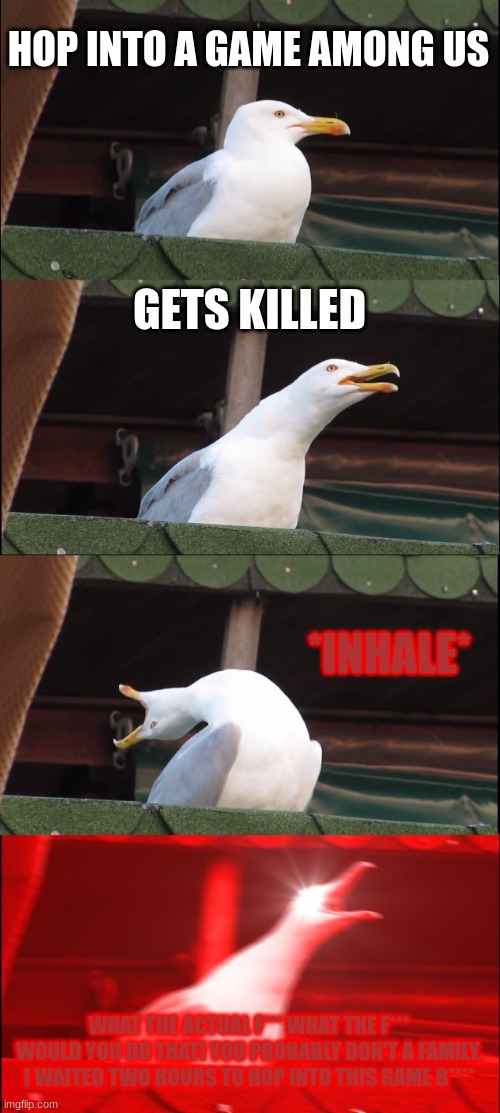 Inhaling Seagull | HOP INTO A GAME AMONG US; GETS KILLED; *INHALE*; WHAT THE ACTUAL F*** WHAT THE F*** WOULD YOU DO THAT! YOU PROBABLY DON'T A FAMILY. I WAITED TWO HOURS TO HOP INTO THIS GAME B**** | image tagged in memes,inhaling seagull | made w/ Imgflip meme maker