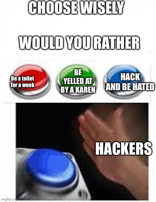 Red Green Blue Buttons | CHOOSE WISELY; WOULD YOU RATHER; HACK AND BE HATED; BE YELLED AT BY A KAREN; Be a toilet for a week; HACKERS | image tagged in red green blue buttons | made w/ Imgflip meme maker