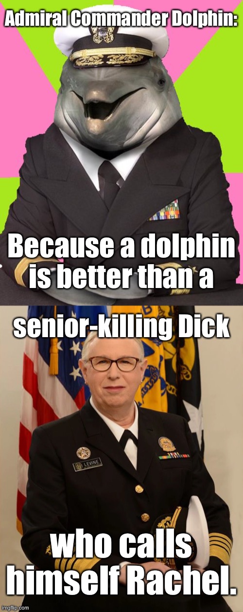 A dolphin would be a better admiral than Levine | Admiral Commander Dolphin:; Because a dolphin is better than a; senior-killing Dick; who calls himself Rachel. | image tagged in admiral commander dolphin,memes,rachel levine,richard,transgender,woke | made w/ Imgflip meme maker