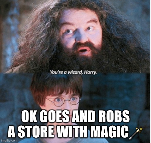 You're a wizard Harry | OK GOES AND ROBS A STORE WITH MAGIC? | image tagged in you're a wizard harry | made w/ Imgflip meme maker